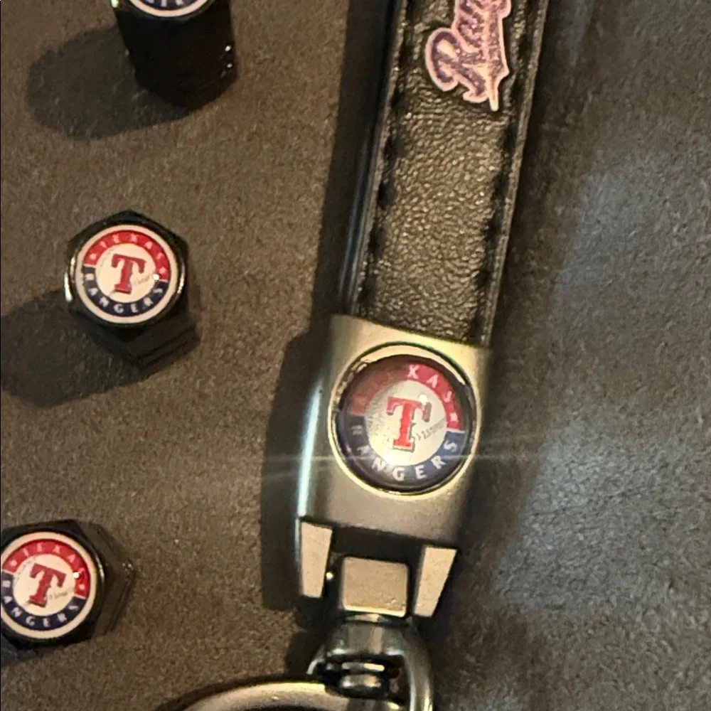 Texas Rangers Keychain and Tire Valve Caps Set